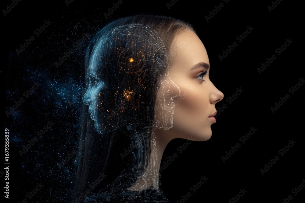 Poster abstract portrait of a woman with data visualization overlay representing artificial intelligence an
