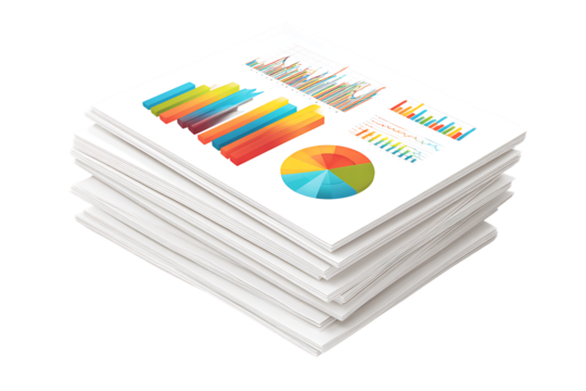 Colorful charts and graphs on a stack of papers.