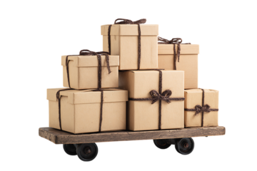 Stack of gifts on a rustic cart. Delivery, presents, holiday, surprise.