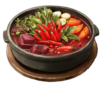 A vibrant, hand-drawn illustration of a hearty, red stew in a dark, earthenware pot.  Fresh vegetables, including peppers and herbs, are nestled amongst chunks of meat and a rich broth