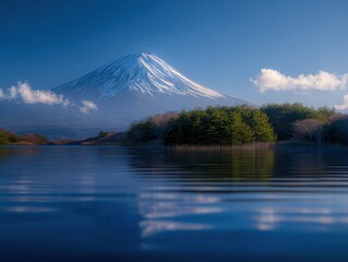 Fototapeta premium Majestic Mount Fuji Landscape: Serene Lake Reflections, Iconic Peak, and Tranquil Waterscape in Japan