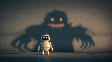 A friendly humanoid robot robot with a dystopian shadow symbolizing a dangerous agentic AI agent using AGI superintelligence for ASI autonomy during the singularity apocalyps