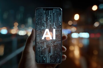 AI displayed on a phone screen, held against a city night background
