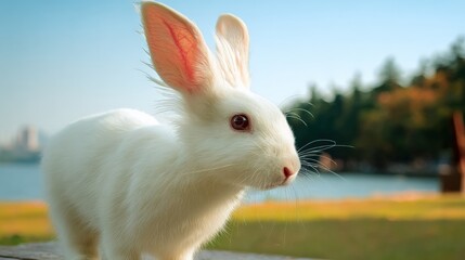 Adorable White Rabbit Portrait Outdoors on a Sunny Day with Natural Bokeh Background