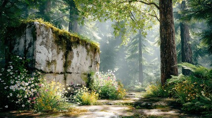 A colossal weathered stone monument partially buried in moss, surrounded by towering pines, morning mist drifting with shafts of golden light