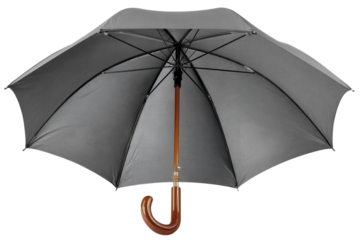 Open gray umbrella with a wooden handle against a for rain protection on transparent background