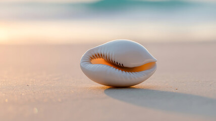 A single cowrie shell rests on a sandy beach with gentle ocean waves in the background