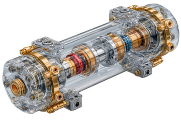 Detailed view of a complex transparent industrial machine component assembly on transparent background