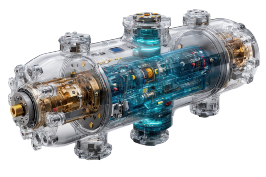 Detailed view of a complex transparent machine with intricate internal mechanisms on transparent background