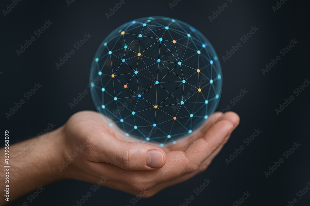 Poster hand holding digital globe representing global network connection and future technology innovations 