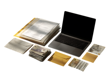 Overhead view of laptop, documents, cash and ID cards.