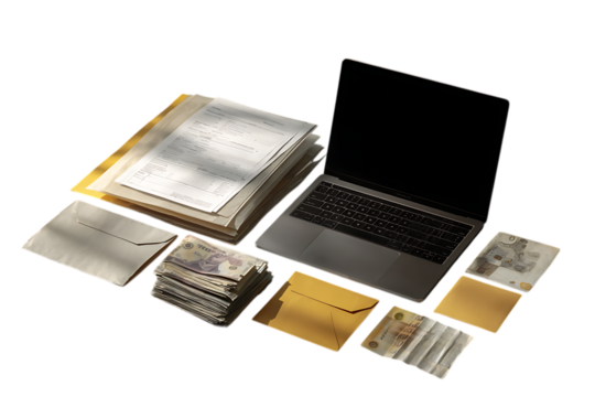 Overhead view of laptop, documents, cash and ID cards.