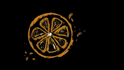 Graphic Orange Slice Illustration on Black: Citrus Fruit Icon, Juice Splashes, Healthy Food, Vitamin C Design Element for Menu, Packaging, Advertising