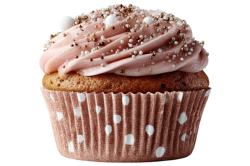 Delicious cupcake with pink frosting and sprinkles close up on transparent background
