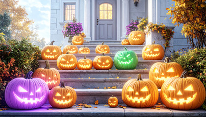 Obraz premium Festive Halloween Entrance with Glowing Jack-o'-Lanterns on Stone Steps