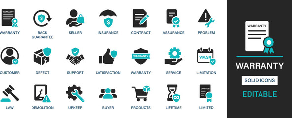 Warranty icon set collection. Seller, insurance, contract, assurance, problem, customer, defect, support, satisfaction, service and best solid icon set.