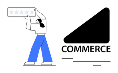 Person holding a five-star rating badge near a commerce label, symbolizing online business reviews. Ideal for customer feedback, quality, e-commerce, brand reputation, marketing, digital success