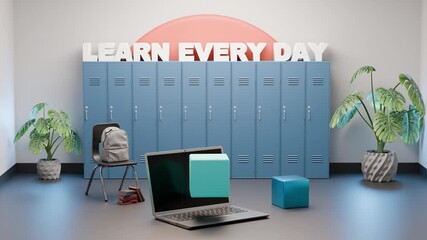 Learn Every Day animation with laptop, lockers and rotating cube - Powered by Adobe