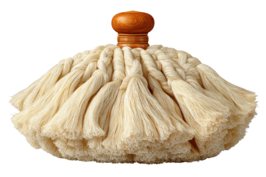 Closeup of a cotton mop head with a wooden handle against a on transparent background