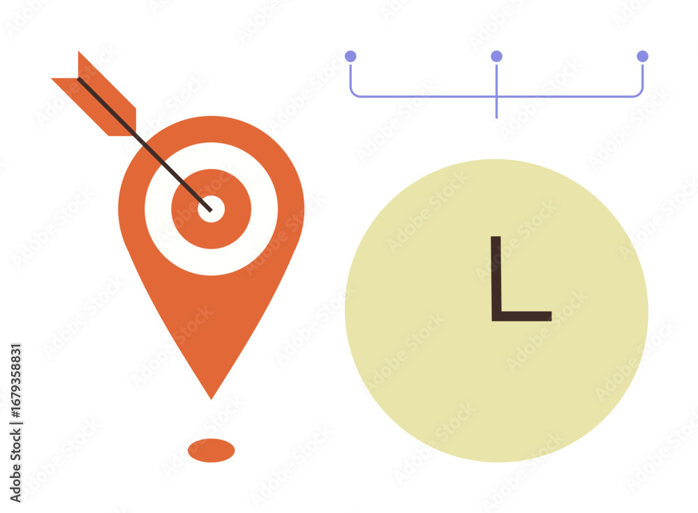 Poster target pin with arrow, minimalist clock, and timeline. ideal for time management, goal setting, effi