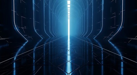 Obraz premium Abstract Blue Sci Fi Tunnel Lights Futuristic Glowing Corridor