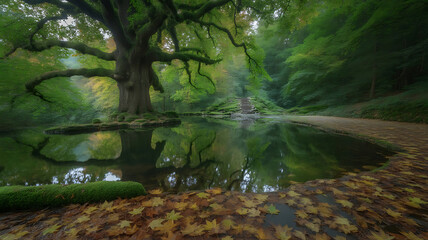 Ancient moss covered tree reflecting in a serene forest pond with autumn leaves