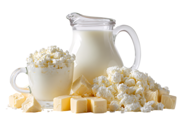 Fresh milk, cottage cheese, and butter. Healthy dairy food.