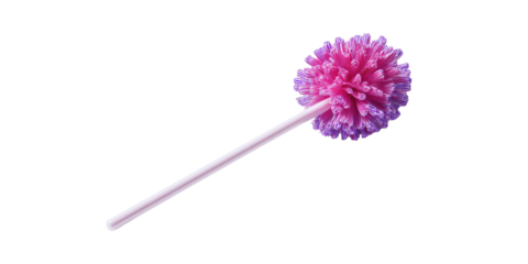 Pink and purple pom-pom cleaning tool on a light-colored stick