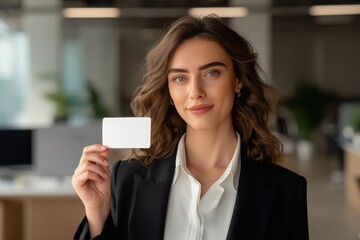 Professional Woman Holding a Blank Card in an Office Setting, Smiling Confidently and Presenting Information