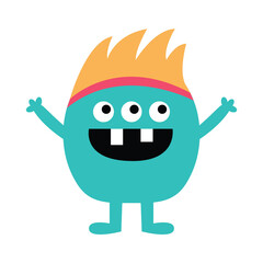 Blue monster icon. Happy Halloween. Colorful monsters. Cartoon kawaii funny character. Cute face with teeth, hair, eyes, hands. Childish collection. Flat design. White background. Vector illustration