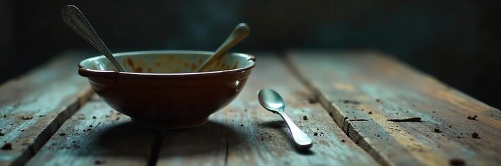 Close-up of an empty bowl and utensils on a grungy wooden table, conveying intense hunger and frustration The scene is dimly lit, emphasizing the feeling of deprivation , dimly lit, lack