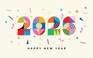 2026 New Year banner with numbers from simple geometric shapes and figures inside confetti. Template for greeting card, invitation, poster, flyer, web. Vector illustration isolated on background.