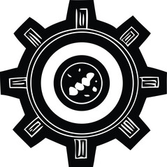 Intricate black and white gear emblem with central circular detail perfect for mechanical and industrial themed designs