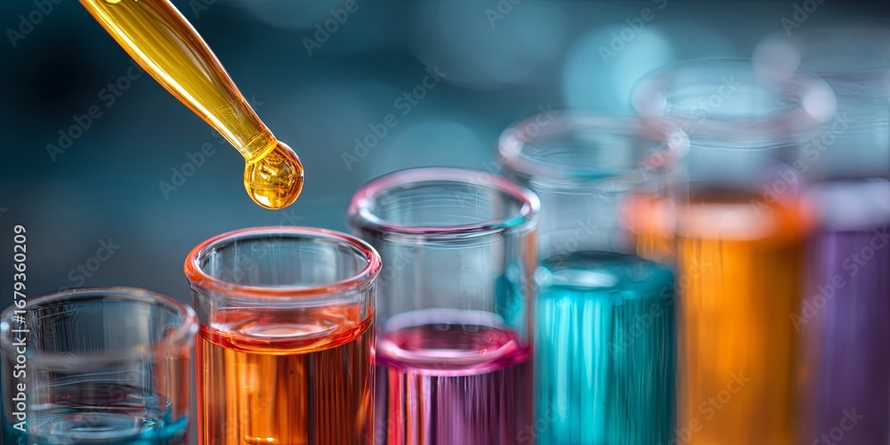 Poster close-up of colorful liquid in test tubes with a pipette dropping liquid in laboratory setting