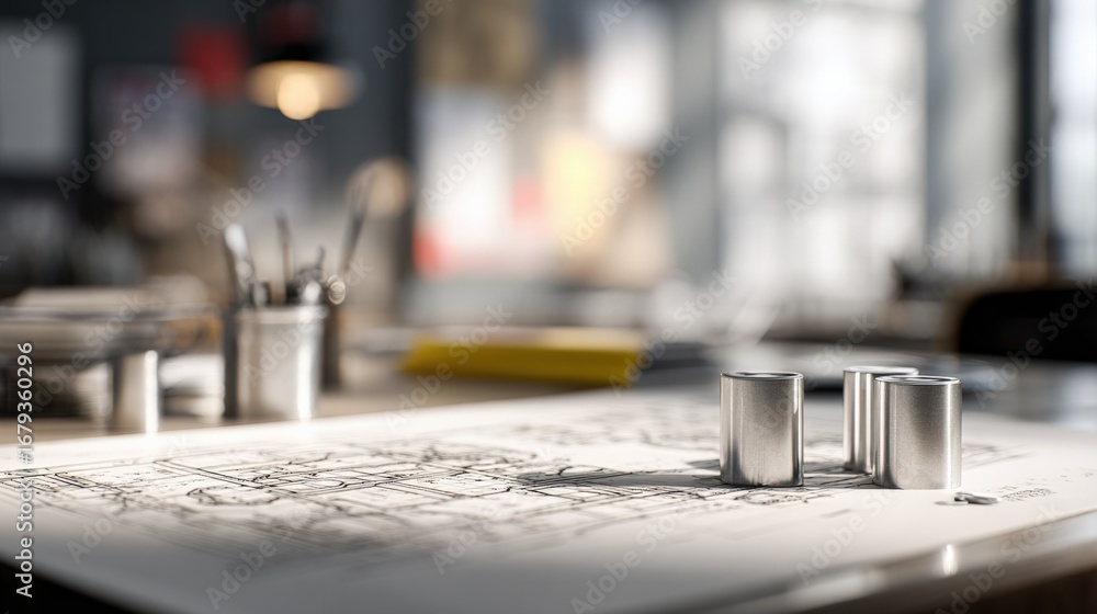 Poster architectural blueprint close-up with tools: workspace detail for creative design and engineering co