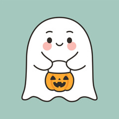Cute Cartoon Ghost Holding Pumpkin Basket Kawaii hand drawn style for halloween