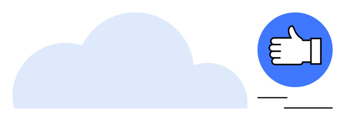 Soft blue cloud next to a thumbs-up icon in a blue circle with lines. Ideal for cloud storage, social media, internet, networking, approval, communication, simple landing page