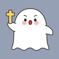 Kawaii hand drawn Cartoon Ghost Holding Cross Halloween