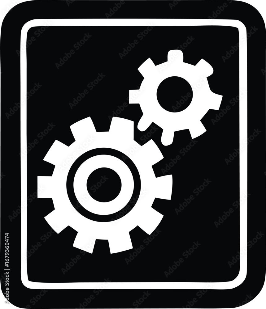Poster two white interlocking gears inside a black square symbolizing mechanics engineering industry and ma