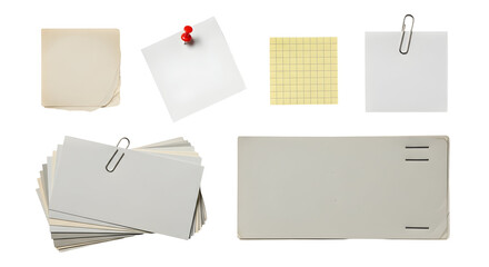 Collection of paper notes, stationery items, and office supplies pinned and clipped together on a white background, offering a variety of textures and shades