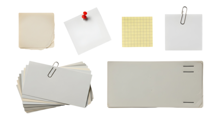 Collection of paper notes, stationery items, and office supplies pinned and clipped together on a white background, offering a variety of textures and shades