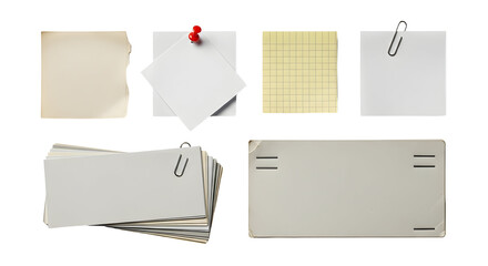 Collection of assorted paper notes, envelopes and index cards, pinned and clipped on a white background