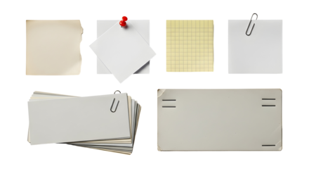 Collection of assorted paper notes, envelopes and index cards, pinned and clipped on a white background