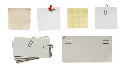 Collection of blank paper notes, envelopes, and paper clips on a white background
