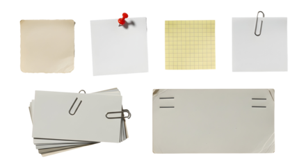 Collection of blank paper notes, envelopes, and paper clips on a white background