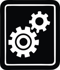 Two white interlocking gears inside a black square symbolizing mechanics engineering industry and machine operations