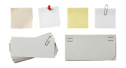 Collection of various stationery items including envelopes, notes, and paper clips on a white background