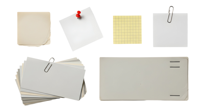 Collection of paper notes, stationery items, and office supplies pinned and clipped together on a white background, offering a variety of textures and shades