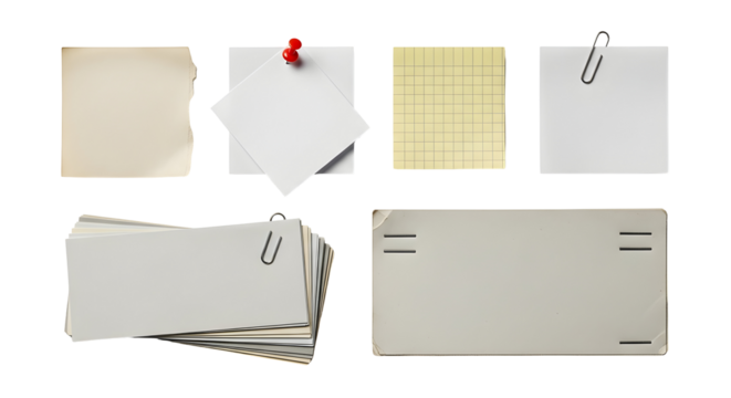 Collection of assorted paper notes, envelopes and index cards, pinned and clipped on a white background