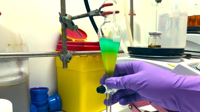 Separation of organic layer and water layer in separating funnel in a chemistry lab for education purpose. Effervescent of carbon dioxide bubble in organic layer. 4K scientific background concept.